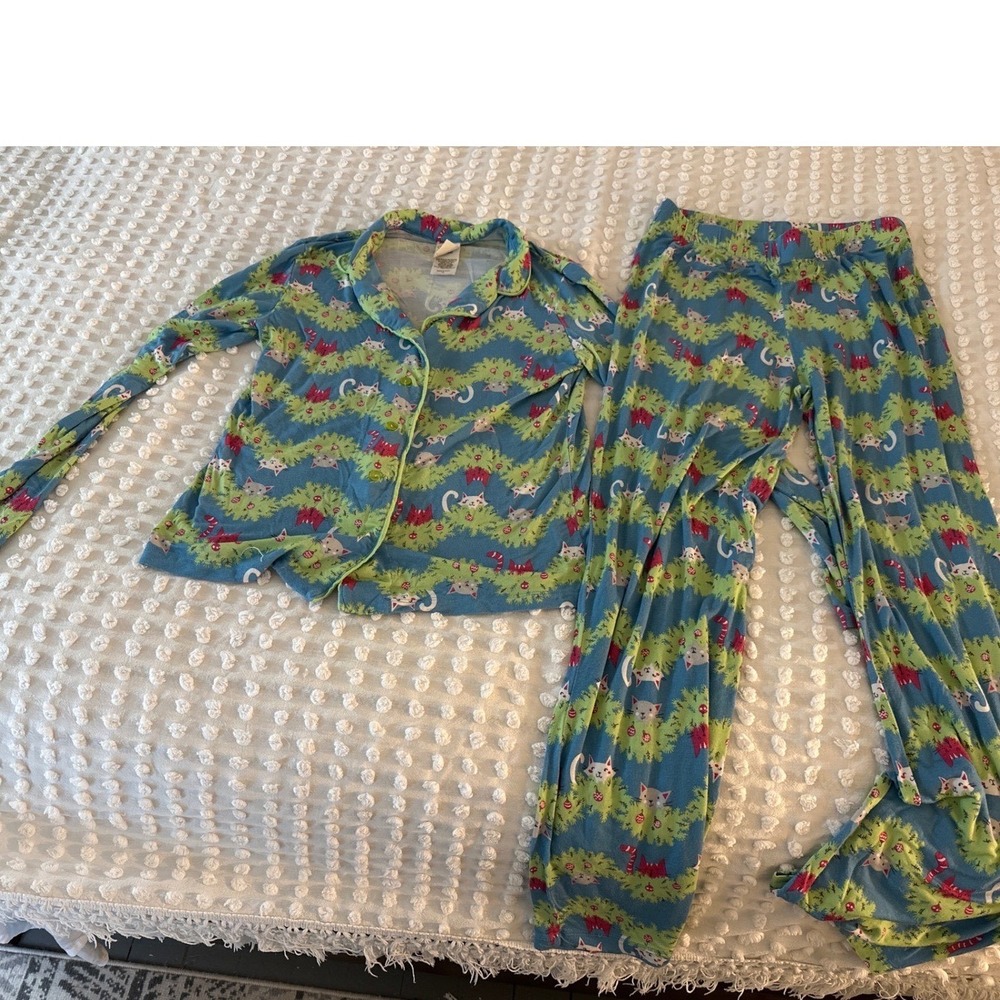 Nite Nite Munki Munki Christmas Cat Pajama Set XS Blue Rayon Spandex Holiday